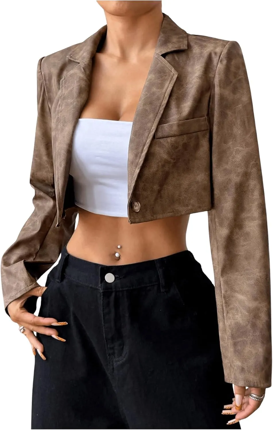 Milumia Women's Faux Leather Jacket Vintage Long Sleeve Lapel Neck Crop Outerwear
