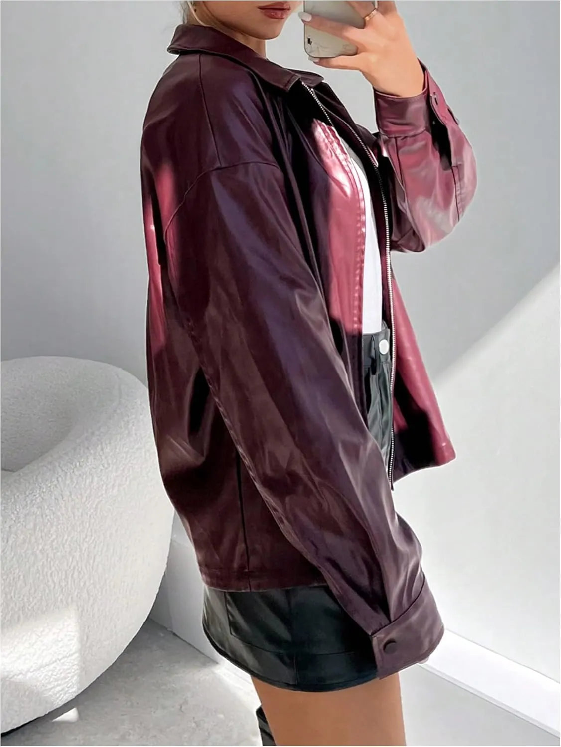 Milumia Women's Long Sleeve Zip Up Faux Leather Jackets Vintage Moto Jacket Outerwear