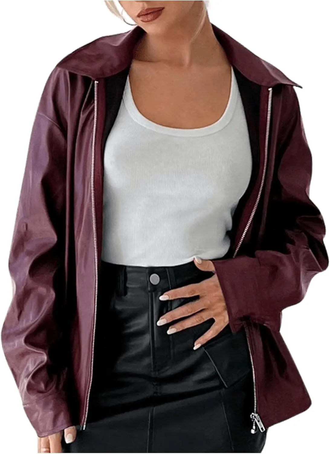 Milumia Women's Long Sleeve Zip Up Faux Leather Jackets Vintage Moto Jacket Outerwear