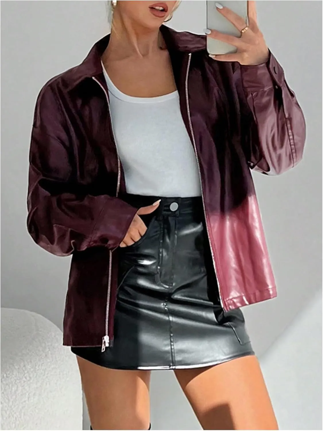 Milumia Women's Long Sleeve Zip Up Faux Leather Jackets Vintage Moto Jacket Outerwear
