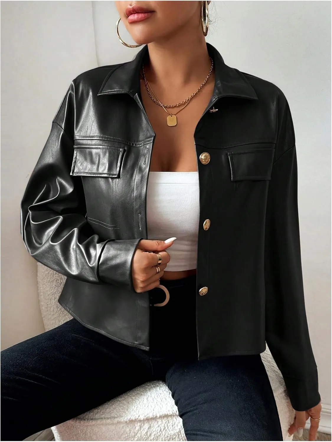 Milumia Women's Pu Leather Long Sleeve Jacket Button Front Motorcycle Coats