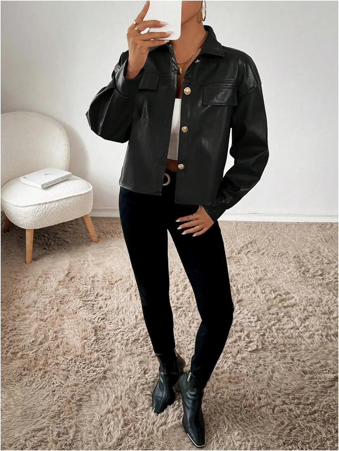 Milumia Women's Pu Leather Long Sleeve Jacket Button Front Motorcycle Coats