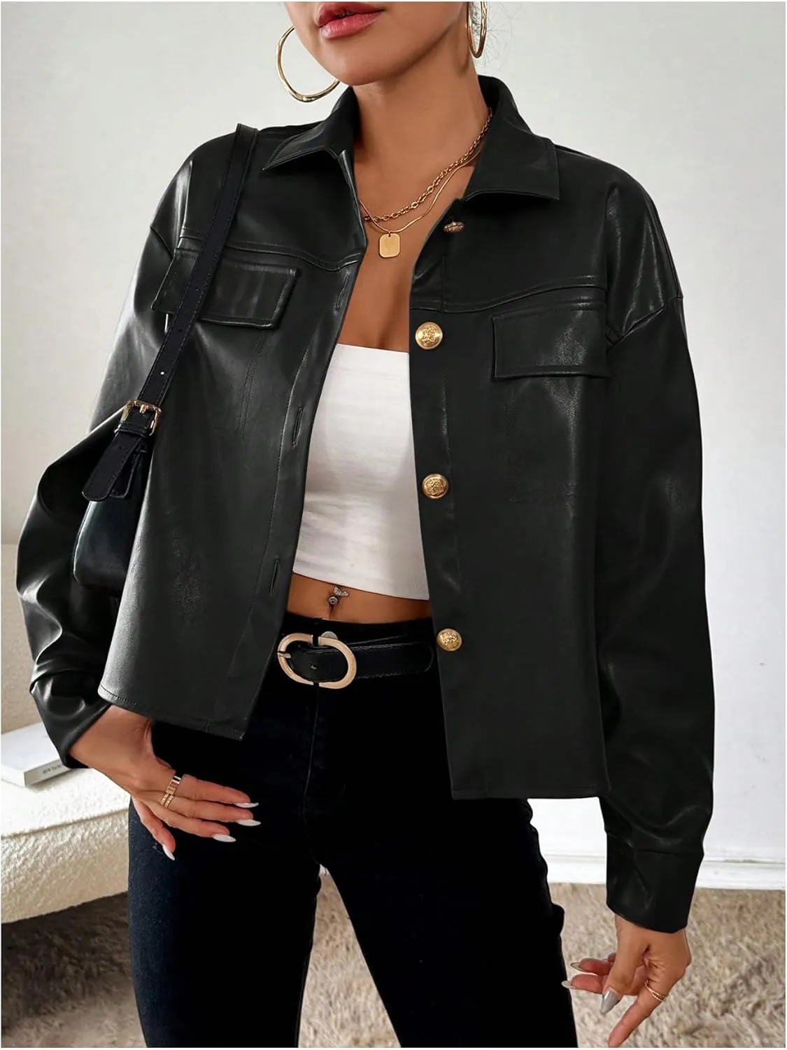 Milumia Women's Pu Leather Long Sleeve Jacket Button Front Motorcycle Coats