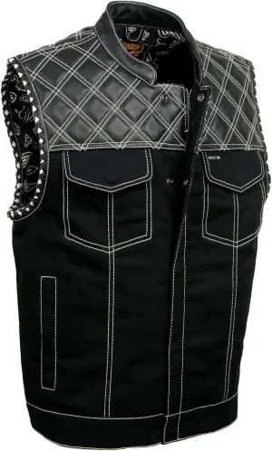 Milwaukee Leather MDM3035 Men's 'Wrecker' Black Denim and Leather Club Style Vest w/Diamond Quilt Design