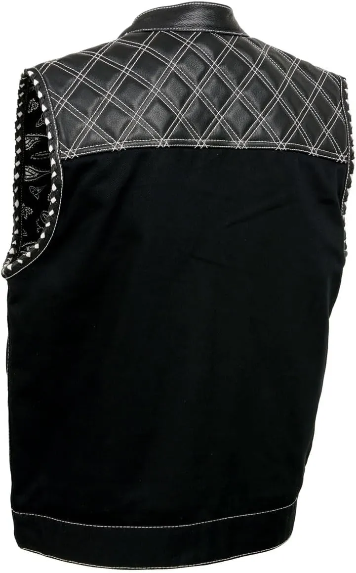 Milwaukee Leather MDM3035 Men's 'Wrecker' Black Denim and Leather Club Style Vest w/Diamond Quilt Design