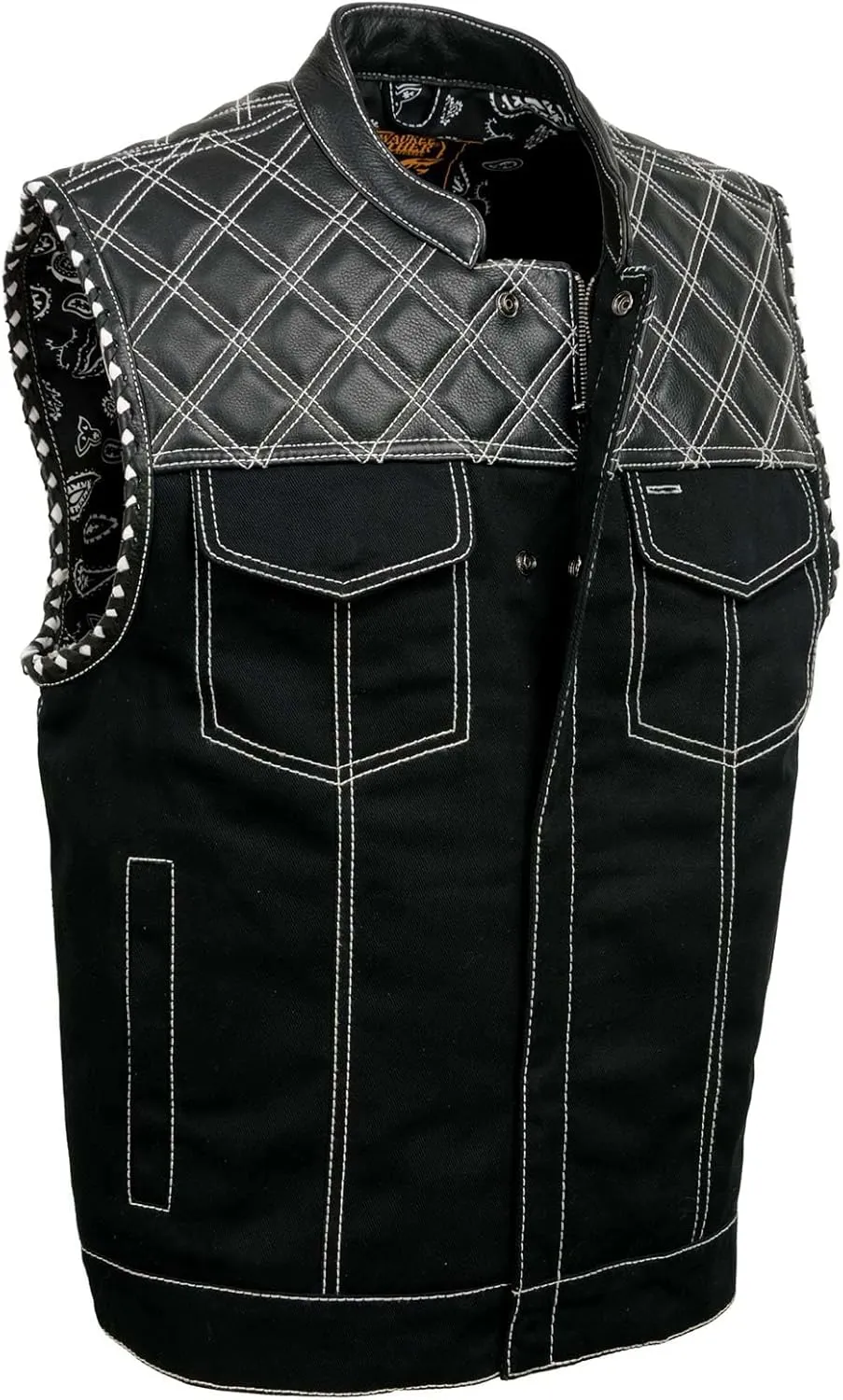 Milwaukee Leather MDM3035 Men's 'Wrecker' Black Denim and Leather Club Style Vest w/Diamond Quilt Design