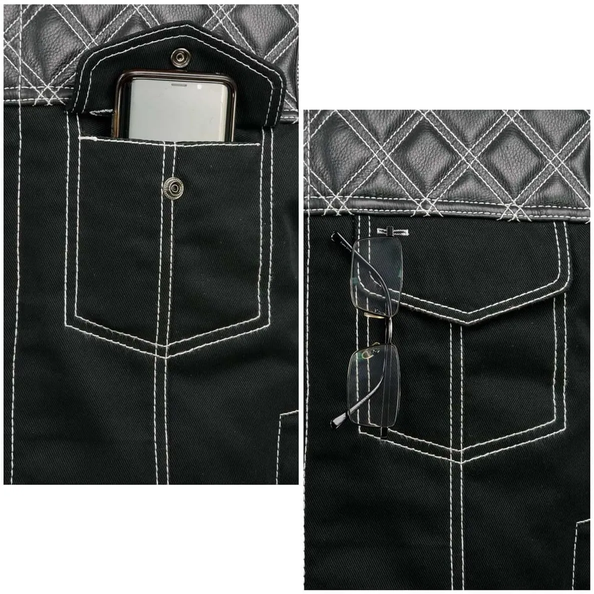 Milwaukee Leather MDM3035 Men's 'Wrecker' Black Denim and Leather Club Style Vest w/Diamond Quilt Design