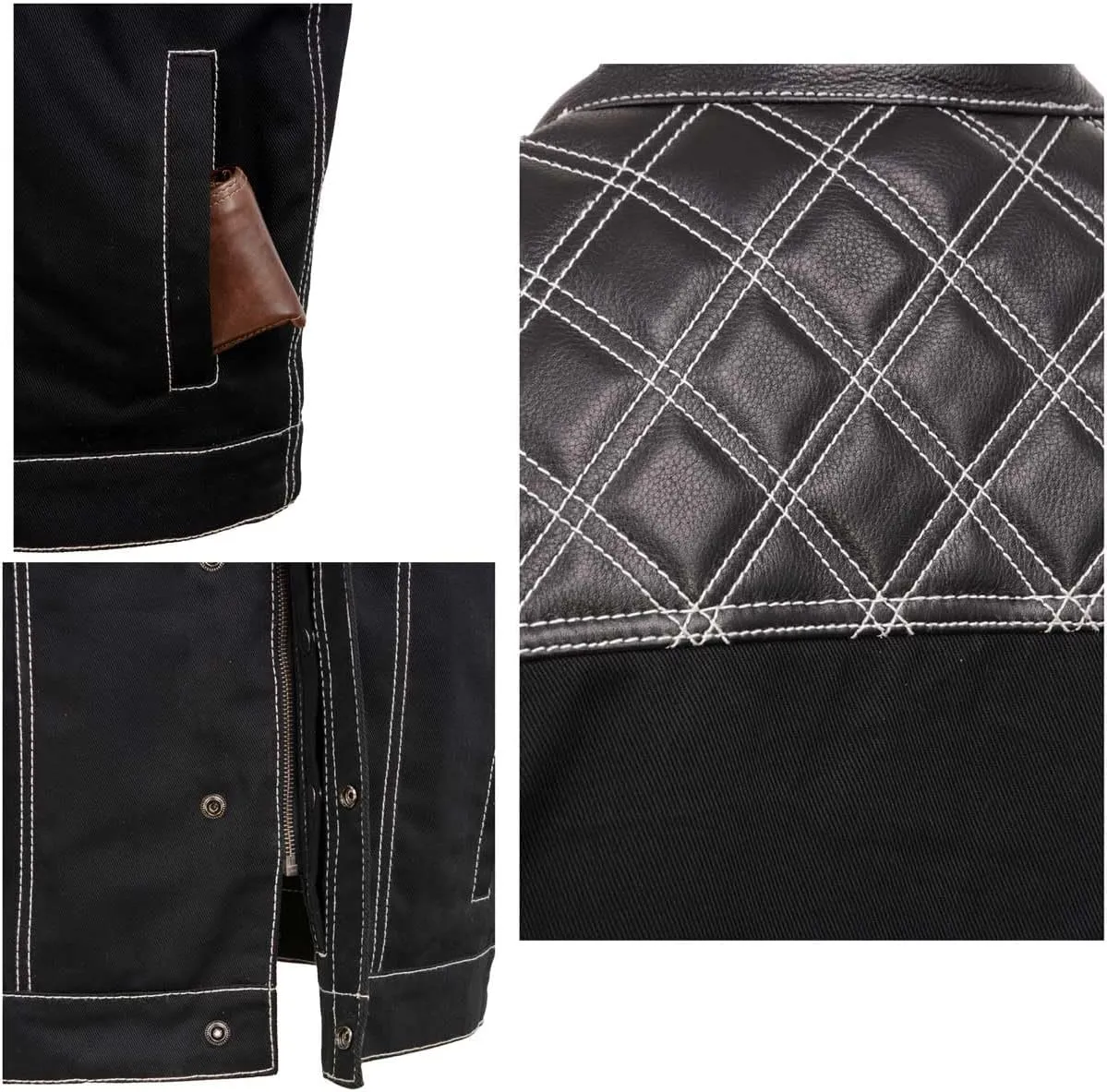 Milwaukee Leather MDM3035 Men's 'Wrecker' Black Denim and Leather Club Style Vest w/Diamond Quilt Design