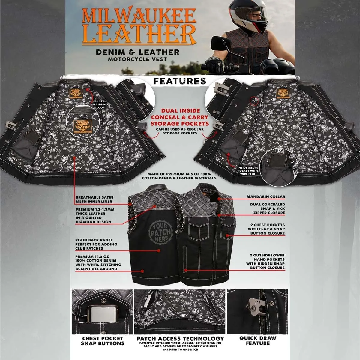 Milwaukee Leather MDM3035 Men's 'Wrecker' Black Denim and Leather Club Style Vest w/Diamond Quilt Design