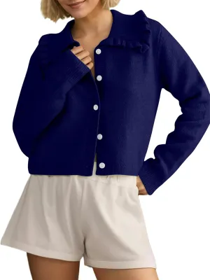 MISSACTIVER Women Ruffle Collar Cropped Cardigan Casual Lapel Button Down Sweaters Long Sleeve Open Front Knit Jacket