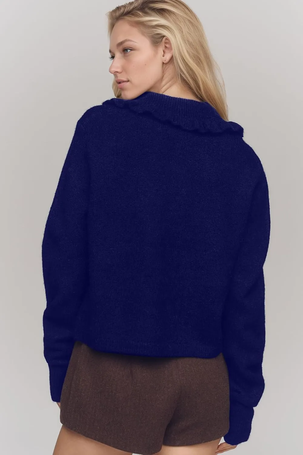 MISSACTIVER Women Ruffle Collar Cropped Cardigan Casual Lapel Button Down Sweaters Long Sleeve Open Front Knit Jacket