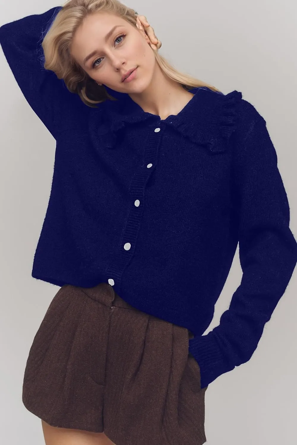 MISSACTIVER Women Ruffle Collar Cropped Cardigan Casual Lapel Button Down Sweaters Long Sleeve Open Front Knit Jacket