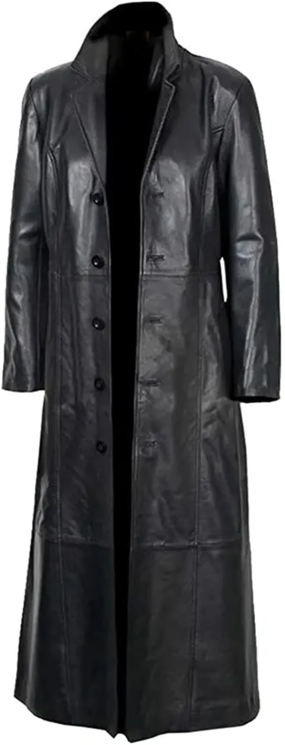 Mnjyihy Mens Long PU Leather Trench Coats Winter Slim Single Breasted Sheepskin Leather Coat Motorcycle Jacket