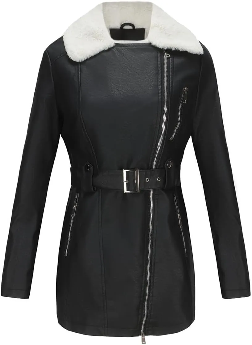 MODFUL Faux Leather Jacket Womens Winter Coat Mid Length Fleece Lined Sherpa Leather Lapel Warm Outerwear Jacket Coat