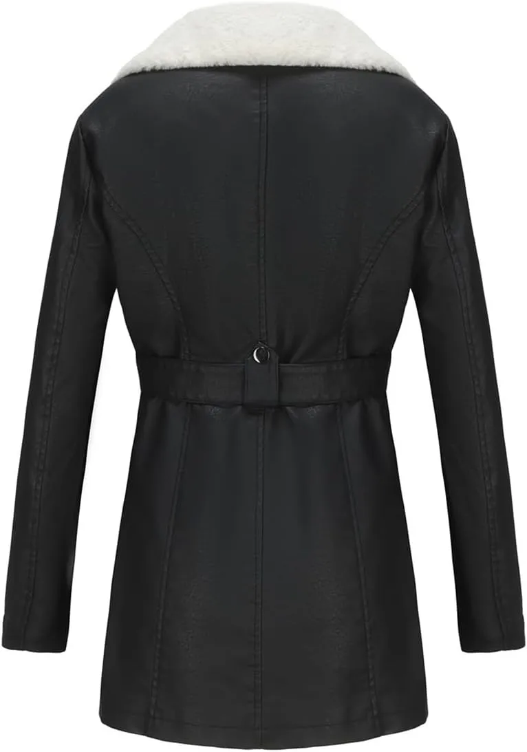MODFUL Faux Leather Jacket Womens Winter Coat Mid Length Fleece Lined Sherpa Leather Lapel Warm Outerwear Jacket Coat