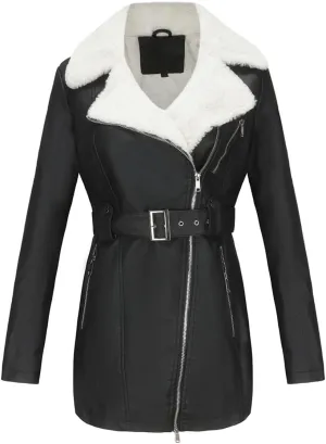 MODFUL Faux Leather Jacket Womens Winter Coat Mid Length Fleece Lined Sherpa Leather Lapel Warm Outerwear Jacket Coat