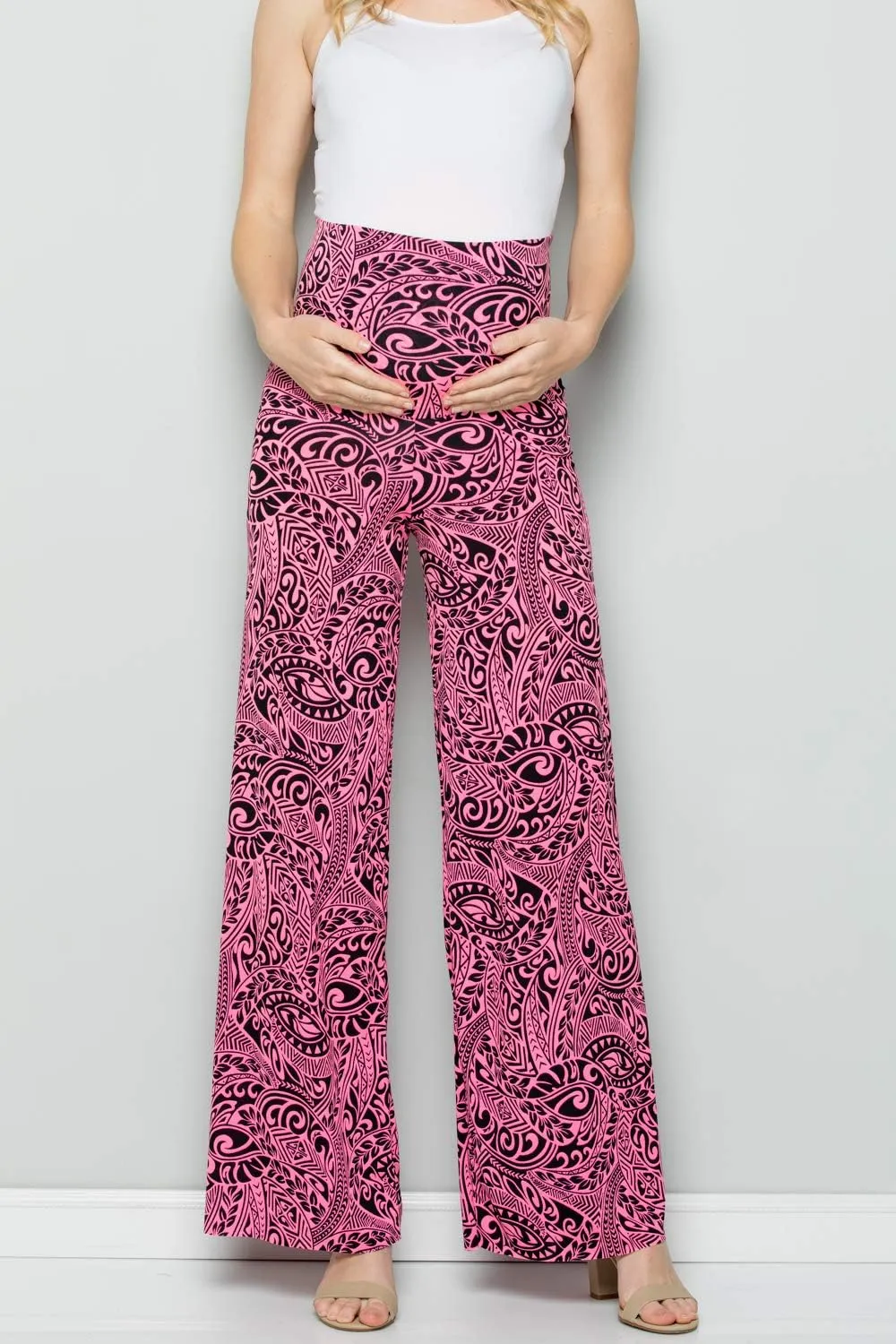 My Bump Women's Maternity Casual Bohemian Damask Palazzo Pants W/Tummy Control
