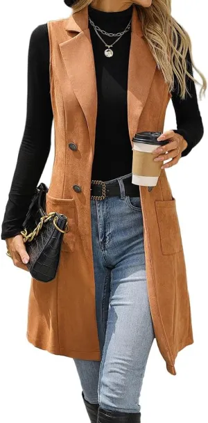 Mywinway Long Vest for Women 2025 Fall Winter Suede Faux Leather Sleeveless Blazer Jackets Outerwear