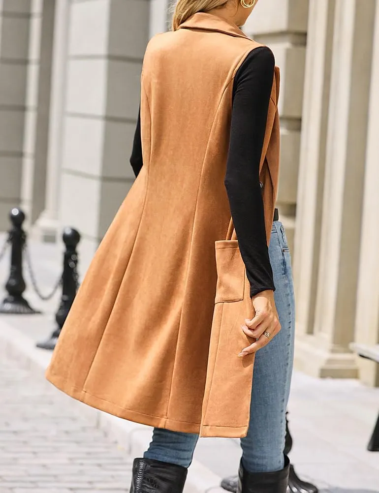 Mywinway Long Vest for Women 2025 Fall Winter Suede Faux Leather Sleeveless Blazer Jackets Outerwear