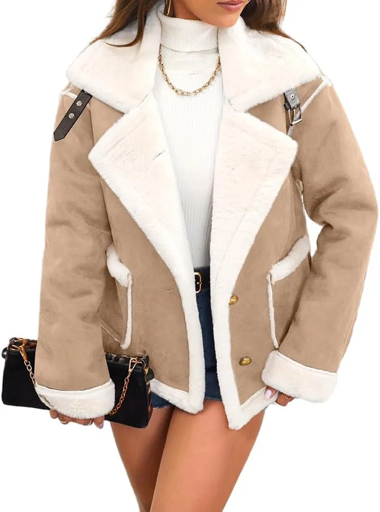 Mywinway Womens Suede Sherpa Lined Leather Jacket Coat 2024 Fall Winter Lambswool Fur Warm Casual Trench Coat