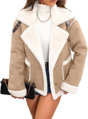 Mywinway Womens Suede Sherpa Lined Leather Jacket Coat 2024 Fall Winter Lambswool Fur Warm Casual Trench Coat