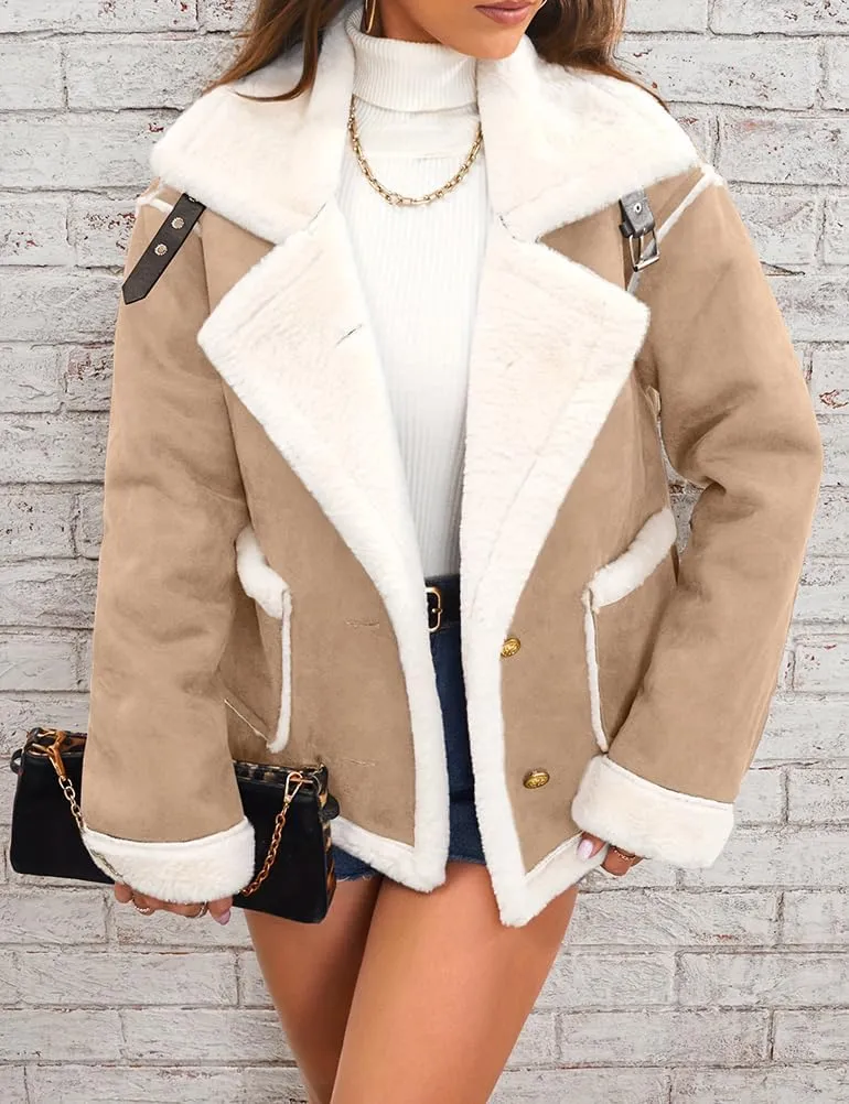 Mywinway Womens Suede Sherpa Lined Leather Jacket Coat 2024 Fall Winter Lambswool Fur Warm Casual Trench Coat