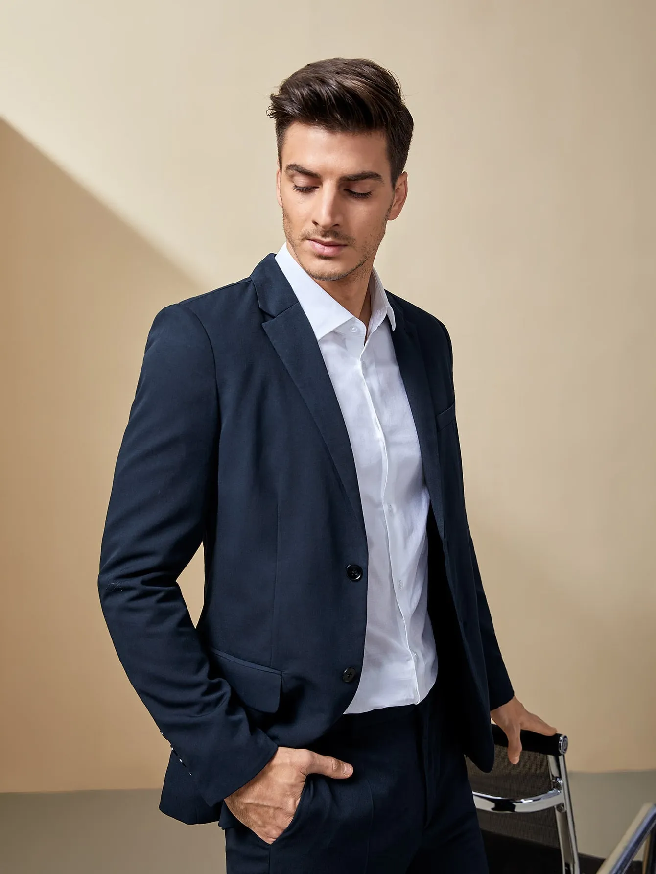 Navy Blue Single Breasted Blazer and Pants Suit Set