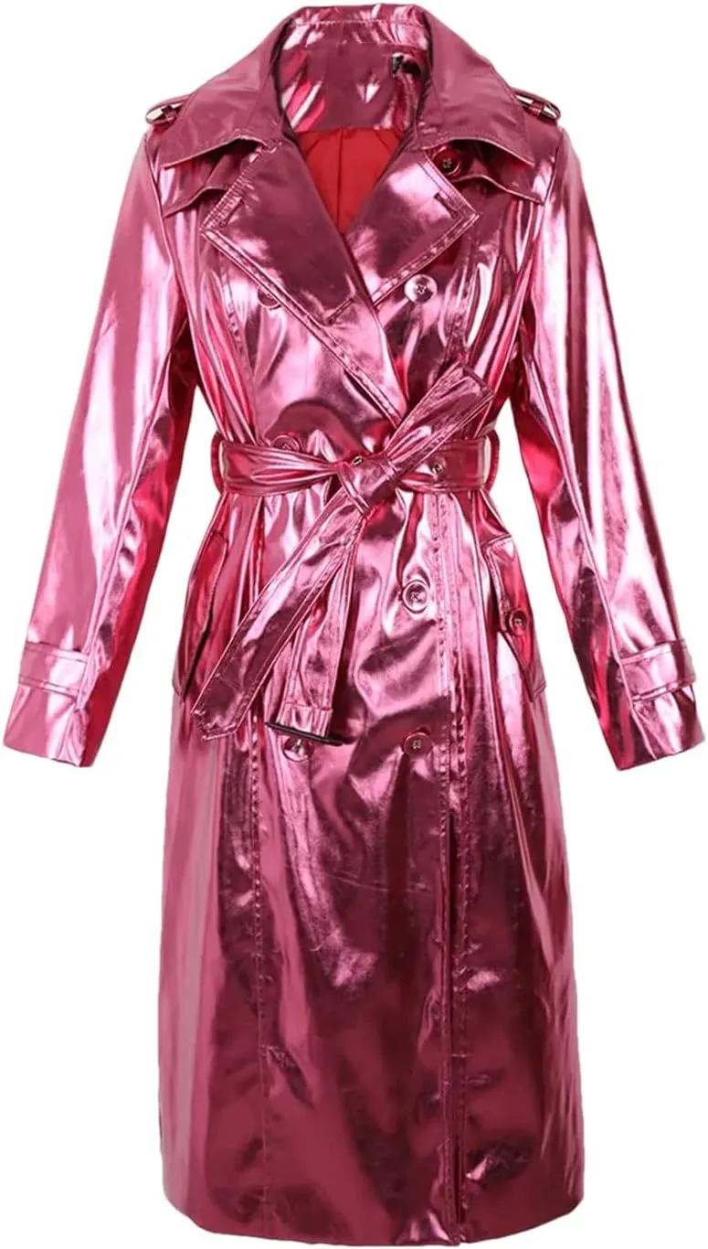 Niiyyjj Long Shiny Reflective Patent Leather Trench Coat For Women Sashes Double Breasted Leather Jacket