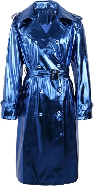 Niiyyjj Long Shiny Reflective Patent Leather Trench Coat For Women Sashes Double Breasted Leather Jacket