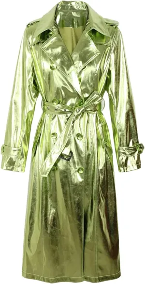 Niiyyjj Long Shiny Reflective Patent Leather Trench Coat For Women Sashes Double Breasted Leather Jacket