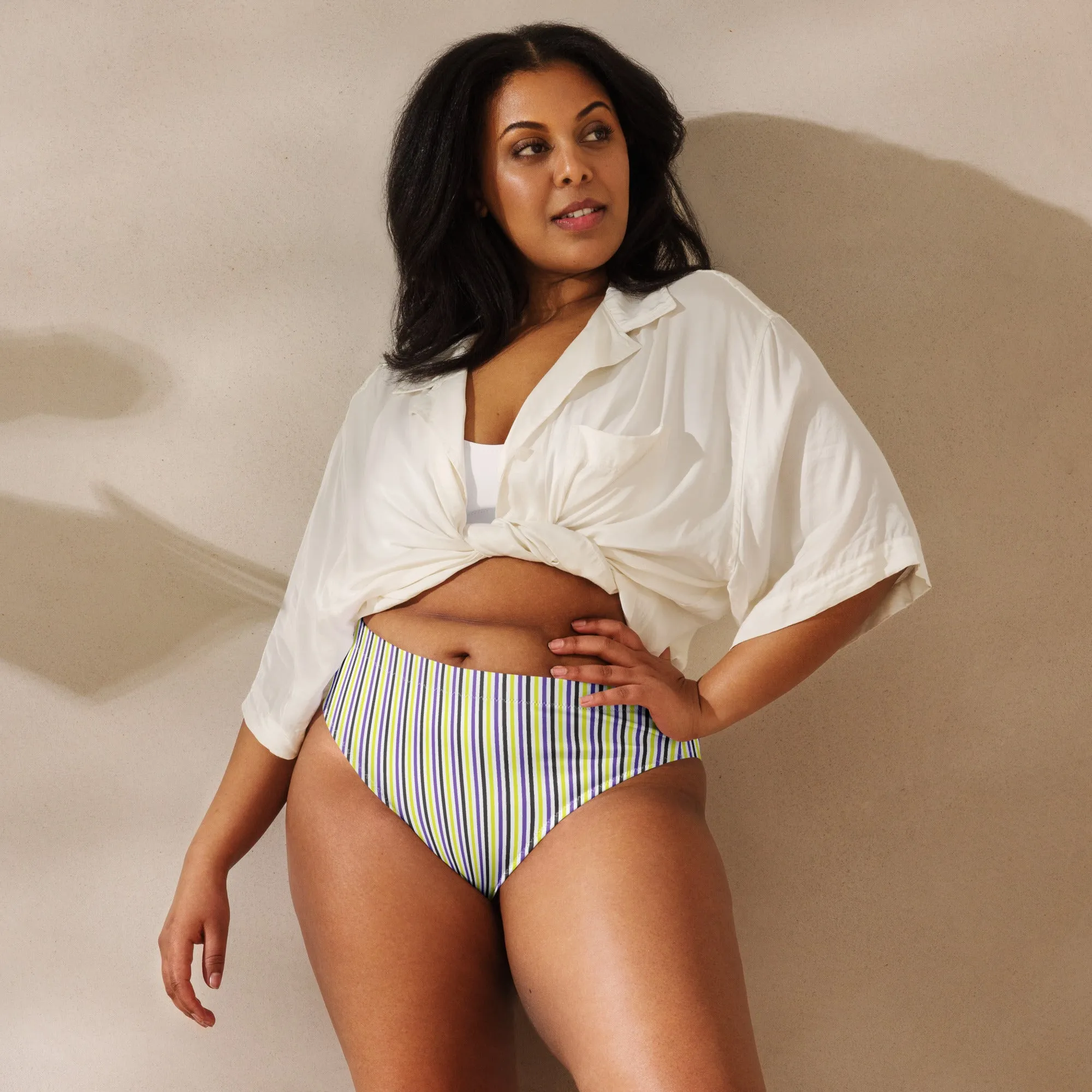 Non-Binary Striped High-Waisted Athletic Bikini Bottom