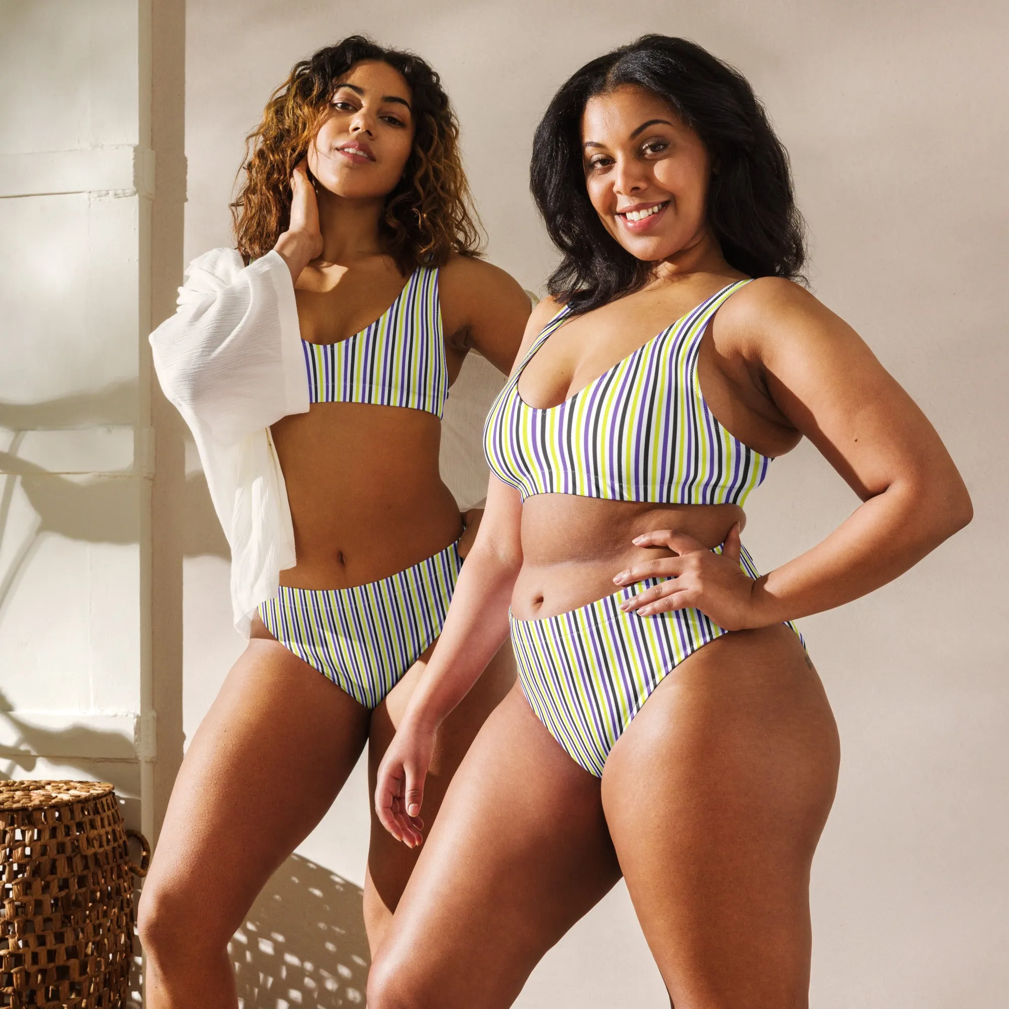 Non-Binary Striped High-Waisted Athletic Bikini Bottom