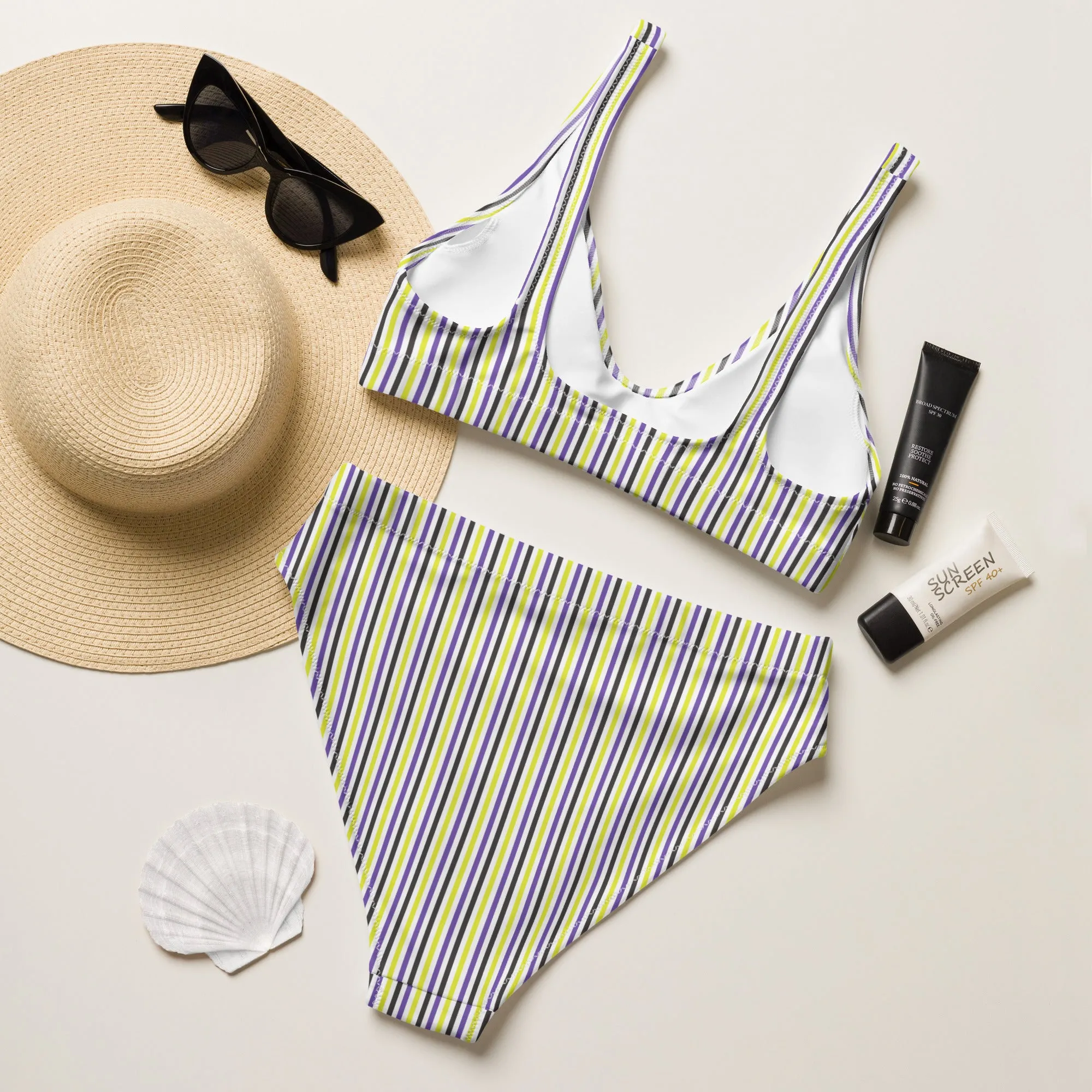 Non-Binary Striped High-Waisted Athletic Bikini Bottom