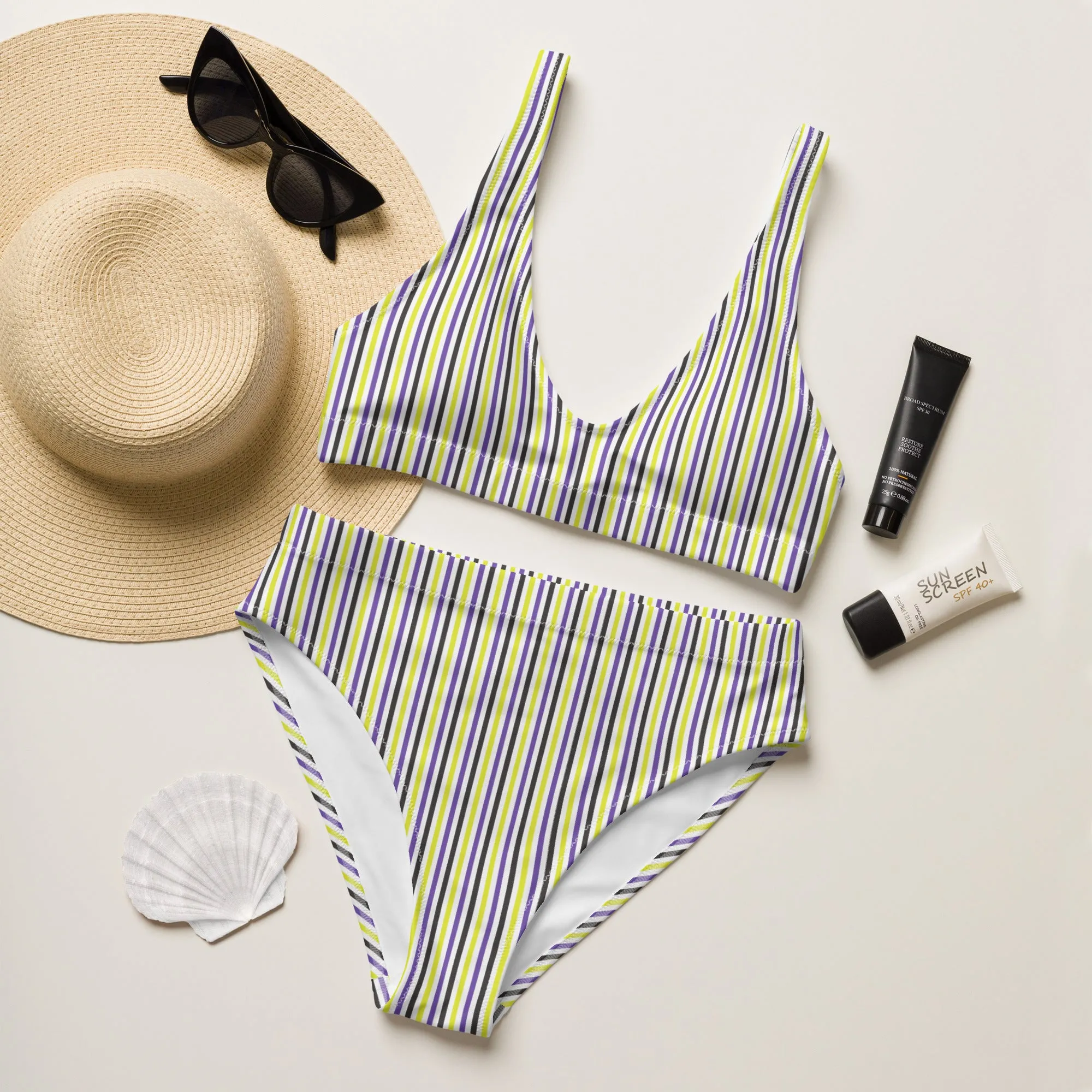 Non-Binary Striped High-Waisted Athletic Bikini Bottom