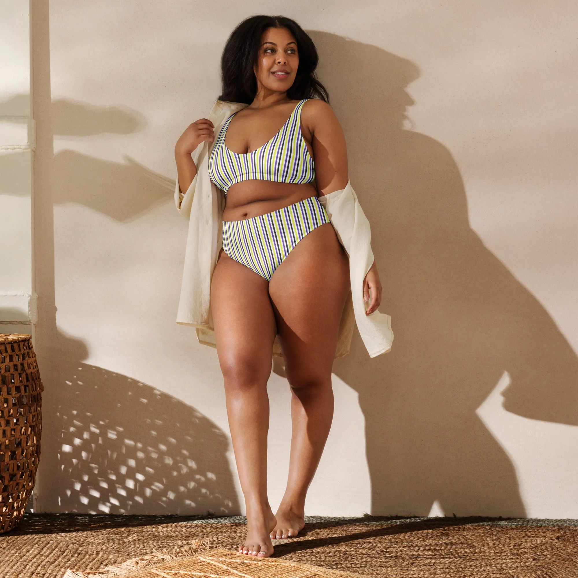 Non-Binary Striped High-Waisted Athletic Bikini Bottom