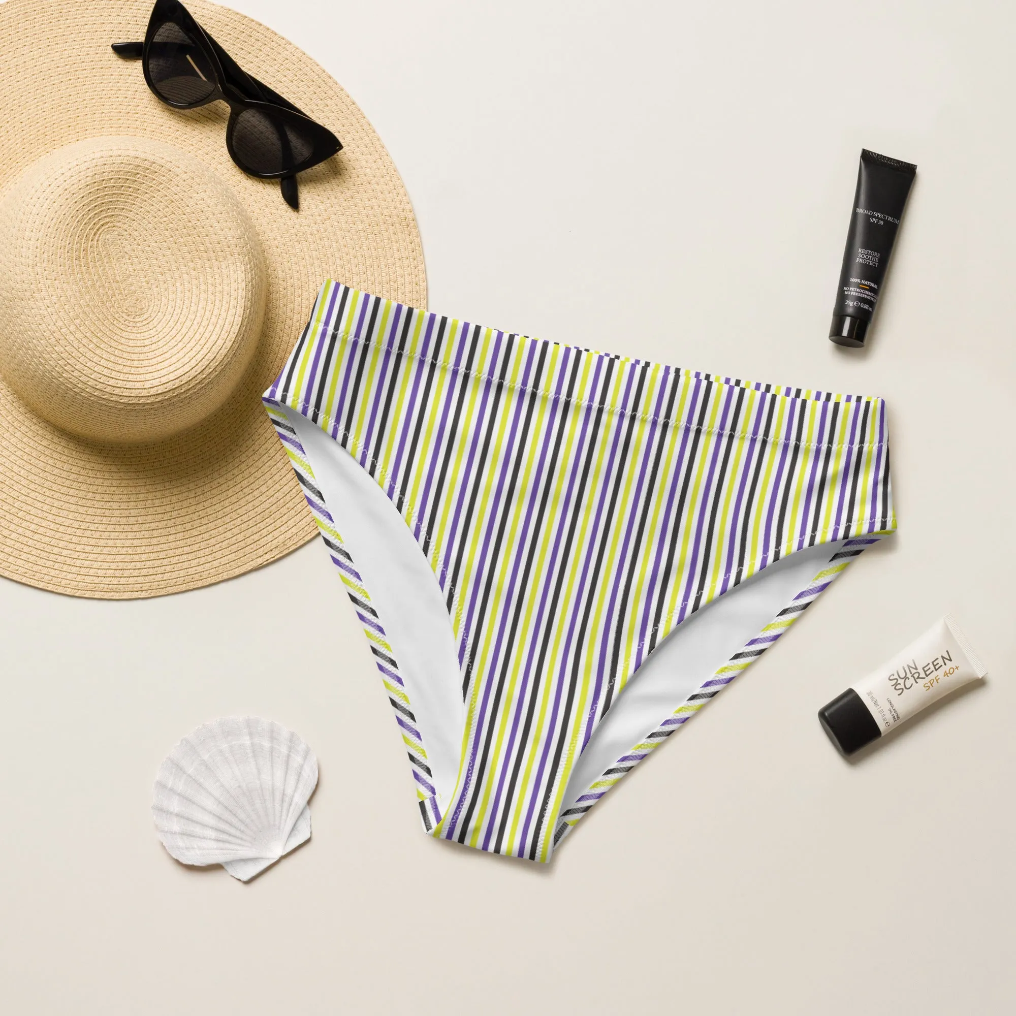 Non-Binary Striped High-Waisted Athletic Bikini Bottom