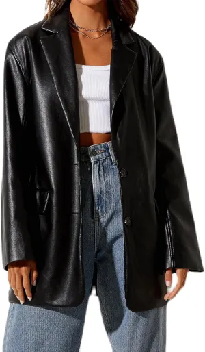 NUFIWI Women Faux Leather PU Jackets Turndown Collar Oversized Blazer Coats Motor Bike Loose Fit Pockets Outwear Fall Winter