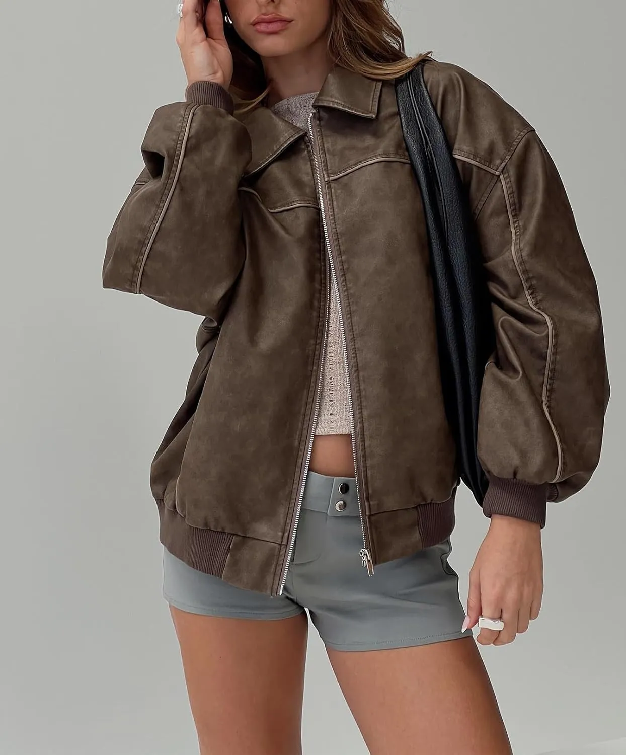 NUFIWI Women Y2k Oversized Faux Leather Jackets Lapel Collar Zip Up Motorcycle Coats Fall Fashion Leather Bomber Jacket