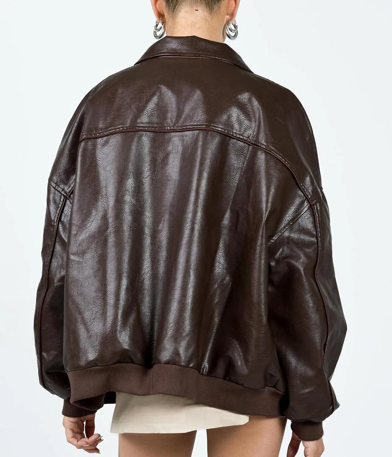 NUFIWI Women Y2k Oversized Faux Leather Jackets Lapel Collar Zip Up Motorcycle Coats Fall Fashion Leather Bomber Jacket