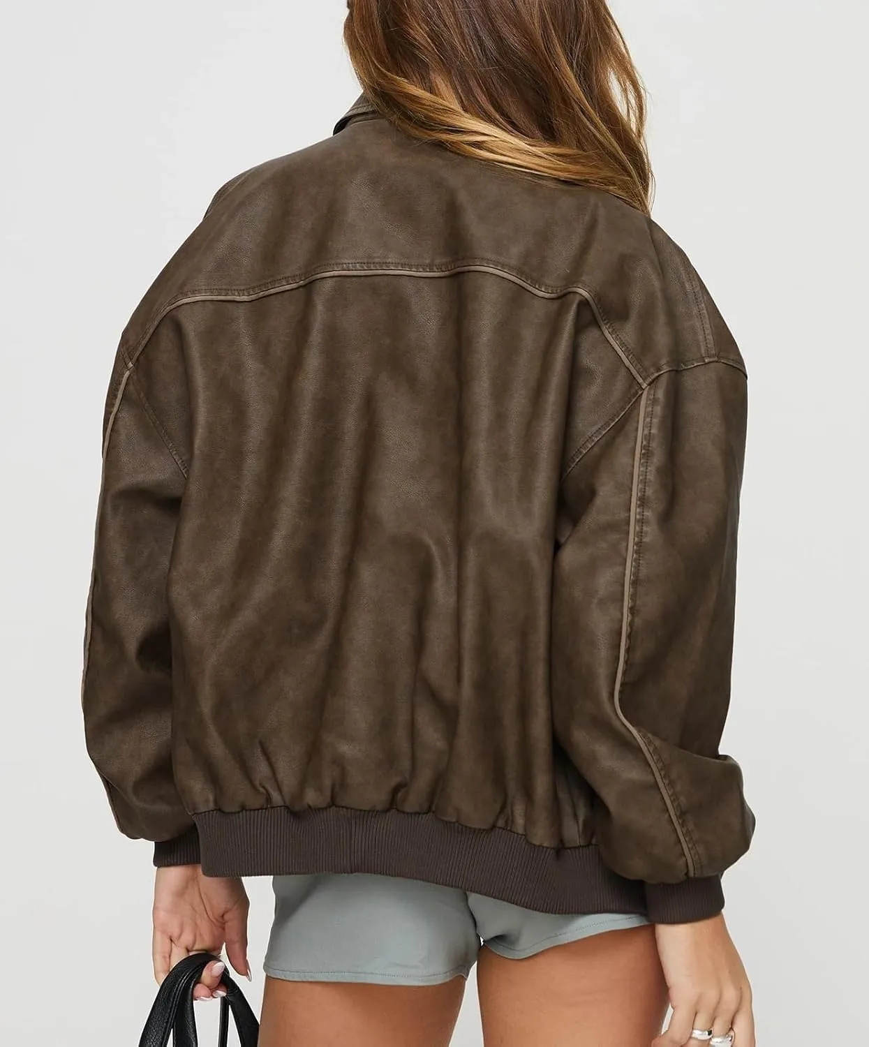 NUFIWI Women Y2k Oversized Faux Leather Jackets Lapel Collar Zip Up Motorcycle Coats Fall Fashion Leather Bomber Jacket