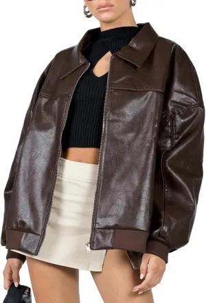 NUFIWI Women Y2k Oversized Faux Leather Jackets Lapel Collar Zip Up Motorcycle Coats Fall Fashion Leather Bomber Jacket