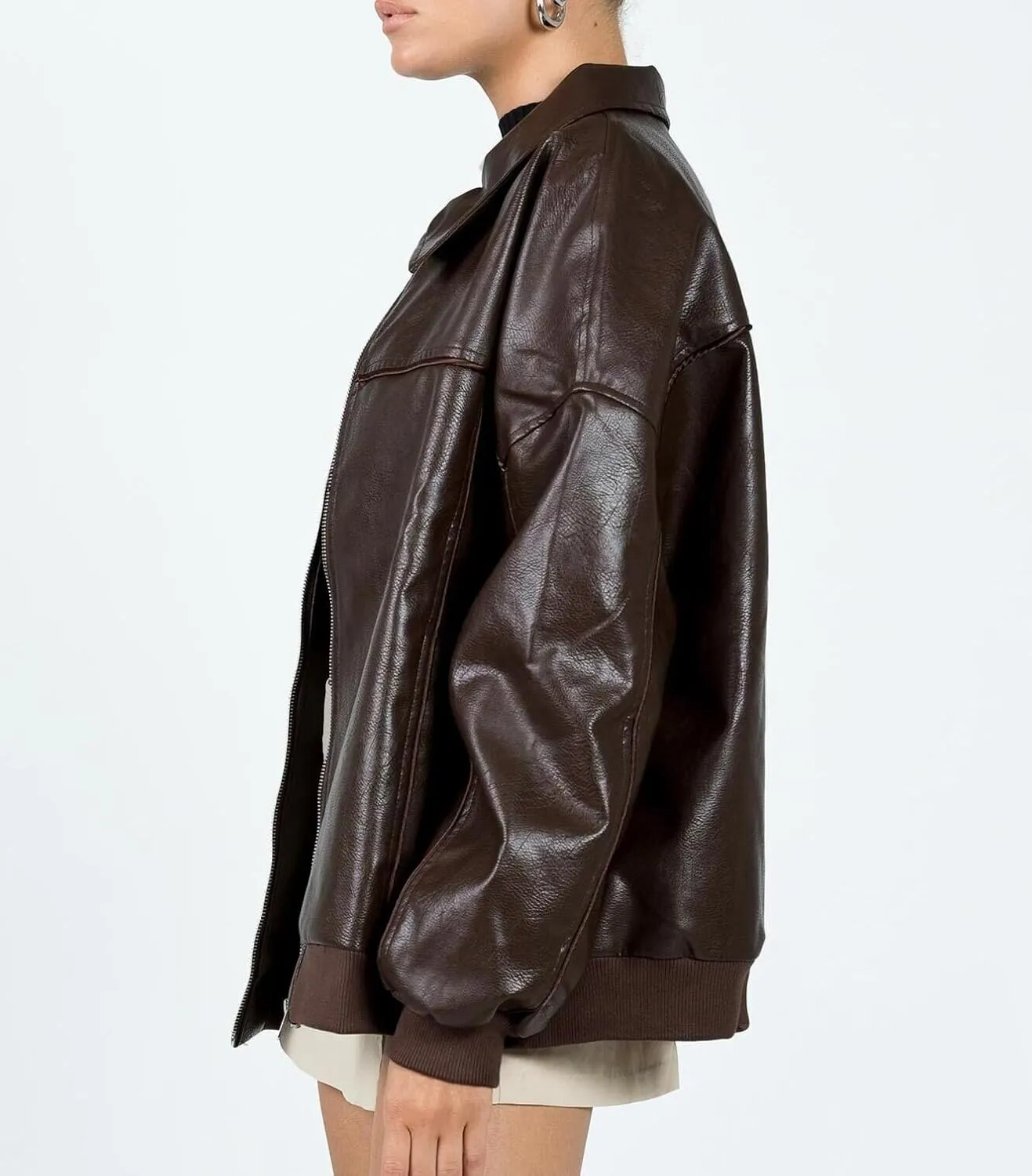 NUFIWI Women Y2k Oversized Faux Leather Jackets Lapel Collar Zip Up Motorcycle Coats Fall Fashion Leather Bomber Jacket