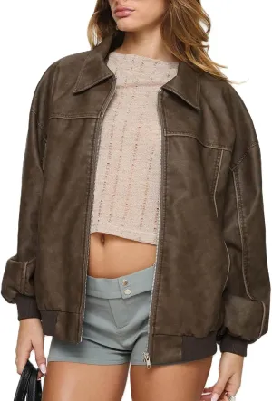 NUFIWI Women Y2k Oversized Faux Leather Jackets Lapel Collar Zip Up Motorcycle Coats Fall Fashion Leather Bomber Jacket