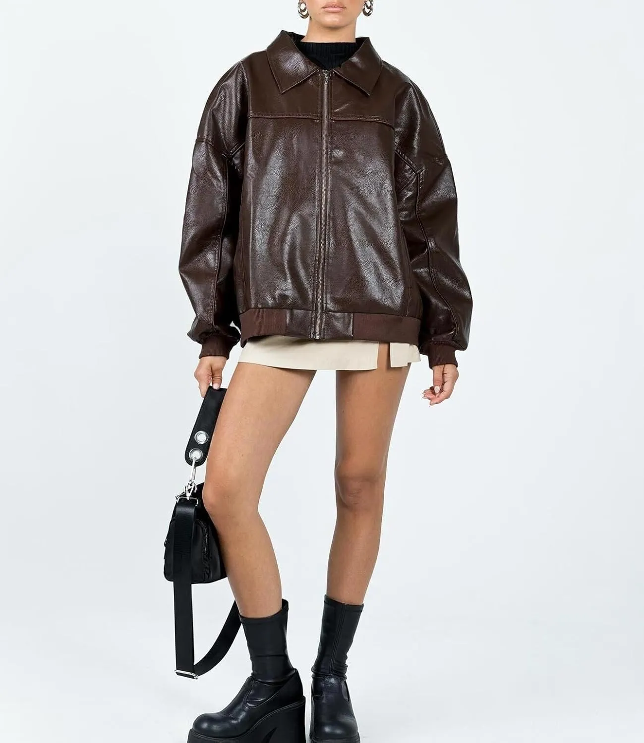 NUFIWI Women Y2k Oversized Faux Leather Jackets Lapel Collar Zip Up Motorcycle Coats Fall Fashion Leather Bomber Jacket