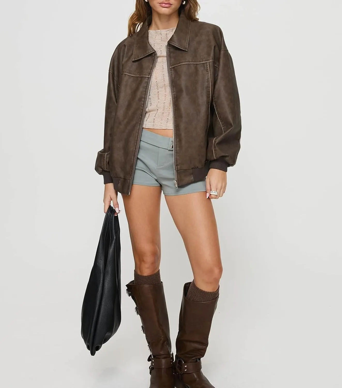 NUFIWI Women Y2k Oversized Faux Leather Jackets Lapel Collar Zip Up Motorcycle Coats Fall Fashion Leather Bomber Jacket