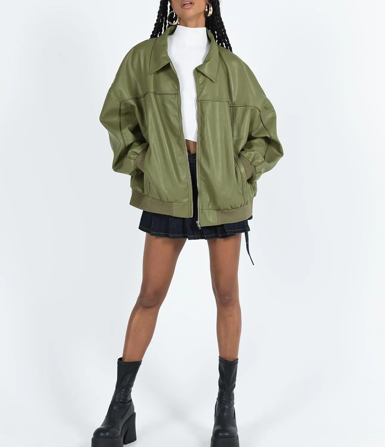 NUFIWI Women Y2k Oversized Faux Leather Jackets Lapel Collar Zip Up Motorcycle Coats Fall Fashion Leather Bomber Jacket