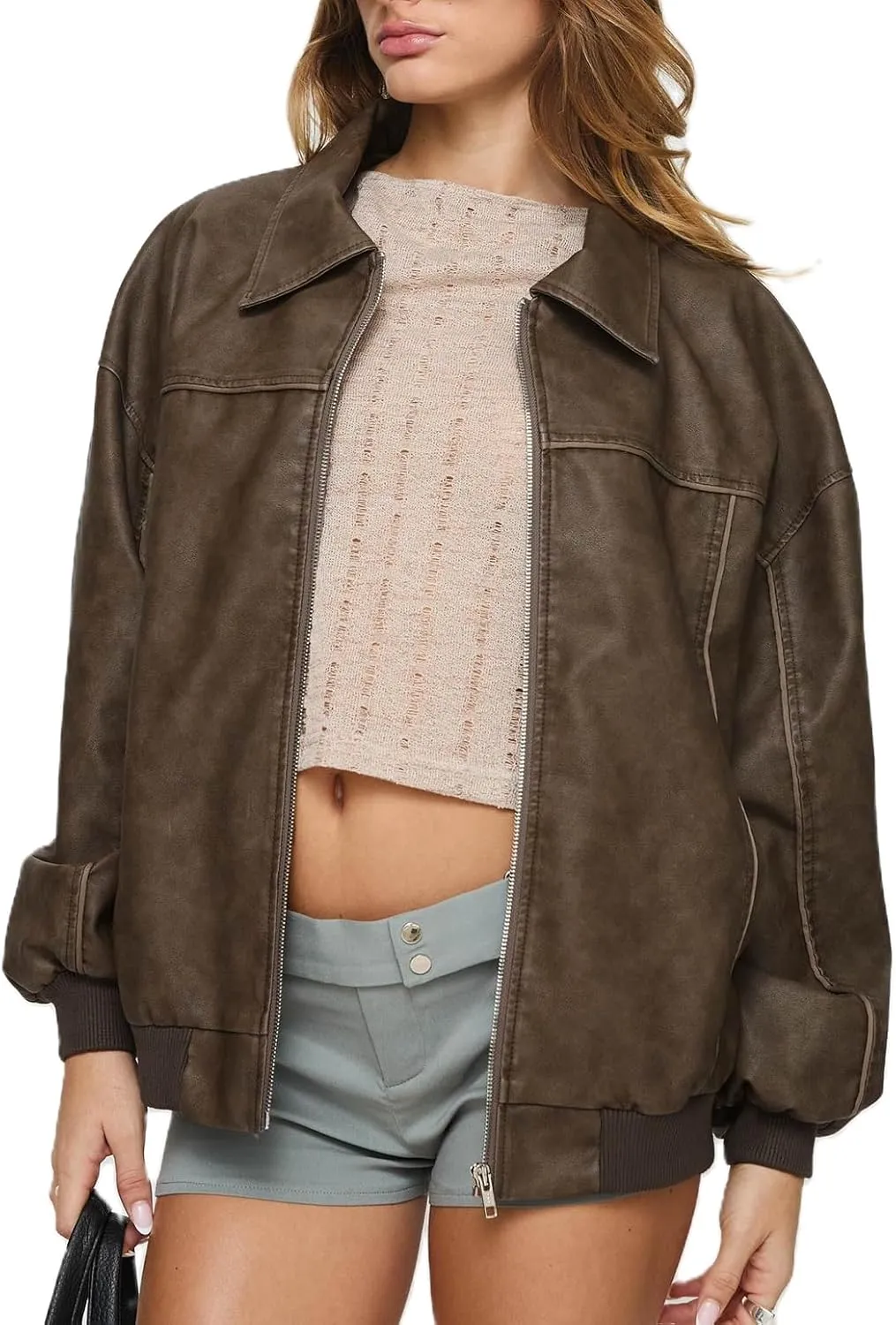 NUFIWI Women Y2k Oversized Faux Leather Jackets Lapel Collar Zip Up Motorcycle Coats Fall Fashion Leather Bomber Jacket