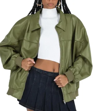 NUFIWI Women Y2k Oversized Faux Leather Jackets Lapel Collar Zip Up Motorcycle Coats Fall Fashion Leather Bomber Jacket