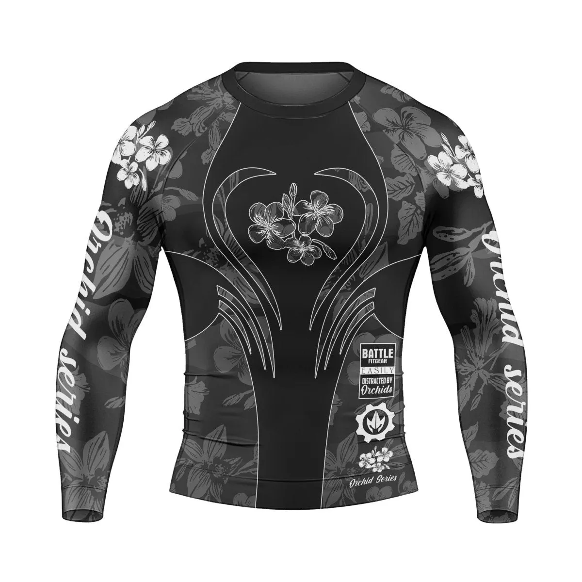 Orchid Series Floral Black Heart Pattern Men's Long Sleeve Rash Guard