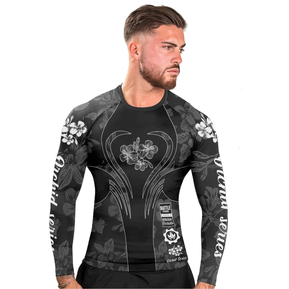 Orchid Series Floral Black Heart Pattern Men's Long Sleeve Rash Guard